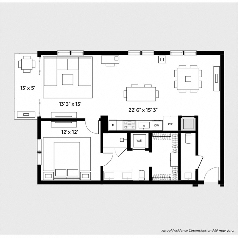 Floor plan for 1 bed, 1.5 baths, 980 sqft